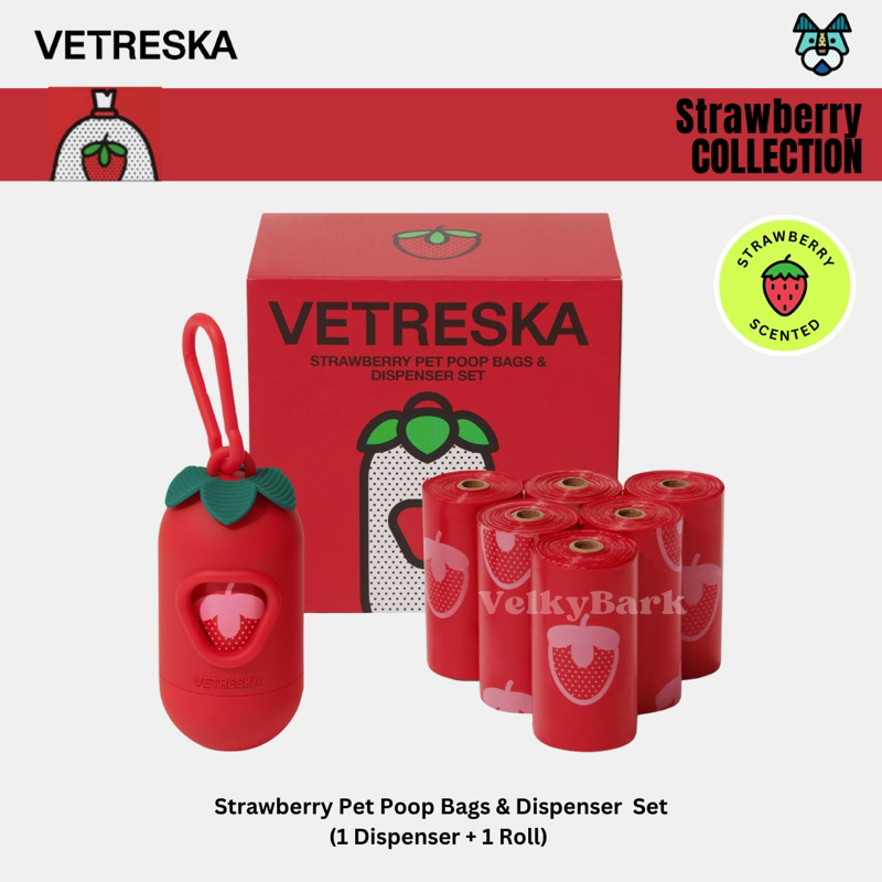 [พร้อมส่ง ] VETRESKA Strawberry Pet Poop Bags & Dispenser ที่ใส่ถุงเก็บอึ ถุงเก็บมูลสัตว์เลี้ยง (มีกลิ่นหอม)