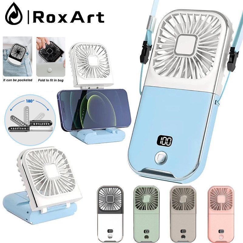 RoxArt แขวนคอพัดลมมินิแบบพกพาพับ USB ชาร์จ มือถือแอร์ตั้งโต๊ะพัดลมที่วางโทรศัพท์