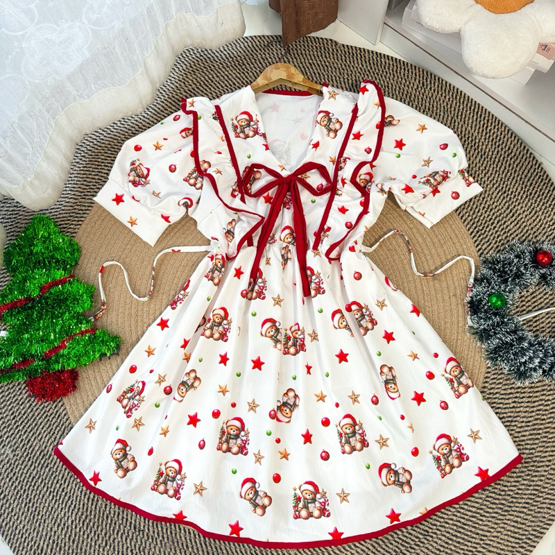 Dress โบว์คอวีระบายกุดขอบ ( m7 X Christmas )