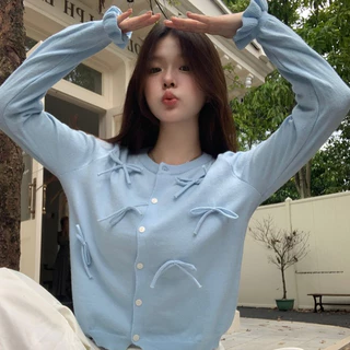 [W0257] เสื้อไหมพรมแขนยาวคาร์ดิแกน แต่งโบว์ 3D กระดุมหน้า ผ้ายืดใส่สบาย ใส่เที่ยว ใส่ทำงาน Cardigan