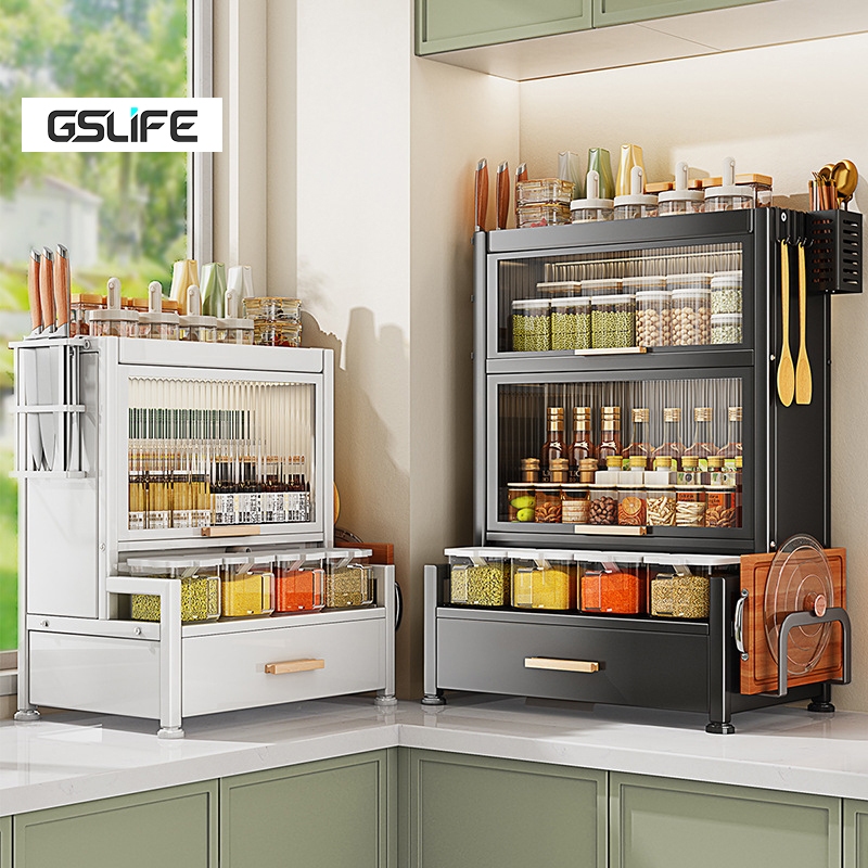 GSlife ชั้นวางเครื่องปรุง 2/3ชั้น สีขาว/ดำ ที่วางแก้วน้ำ ขวดน้ำมัน ชั้นวางของในครัว