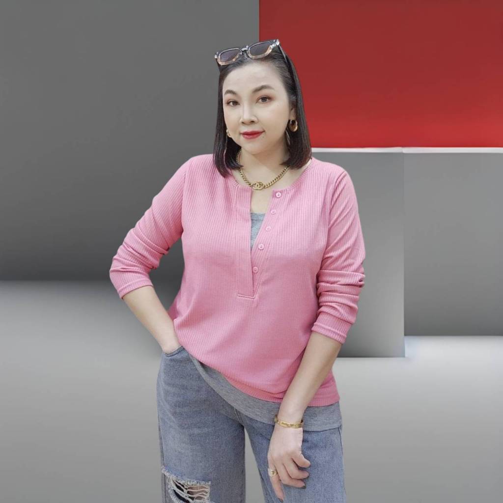 D336 New!! Update 12 สี เสื้อคอวีกระดุมทูโทน แขนยาว เหมาะกับสาวพลัส Size ผ้ายืดท้อปทวิน