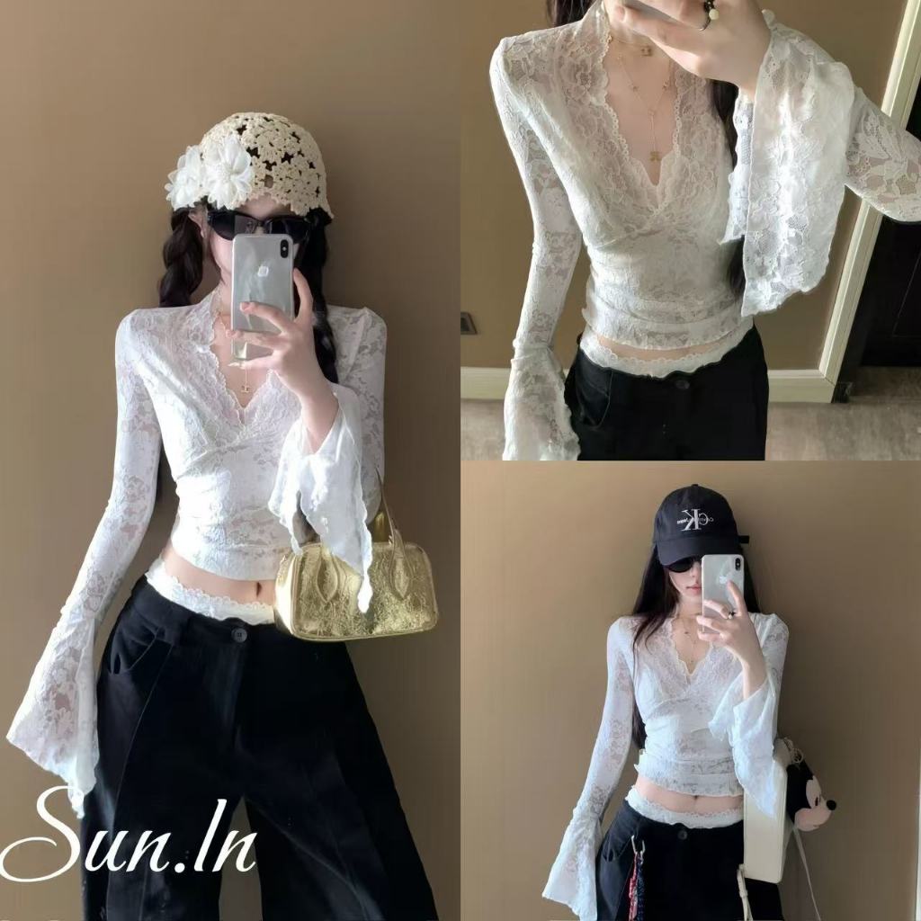 SUN พร้อมส่ง เสื้อเชิ้ตลูกไม้ฝรั่งเศสสีขาว ดีไซน์คอวีเซ็กซี่ และเสื้อตัวสั้นทรงเข้ารูป