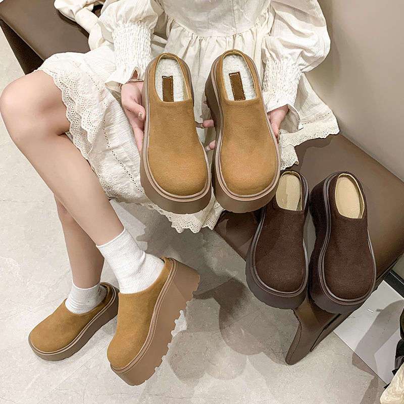 รองเท้าแตะ ผ้าฝ้าย พื้นหนา เสริมส้น 4.5 ซม. สไตล์เกาหลี แฟชั่นฤดูหนาว สําหรับผู้หญิง 2025