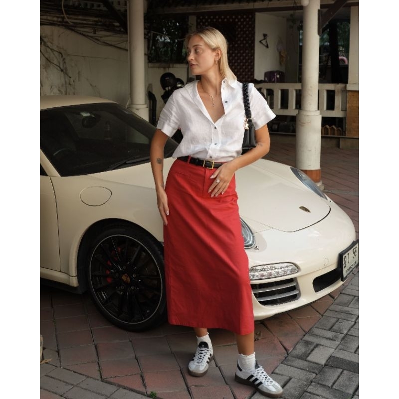 PLOWBRANDS SK1010 Midi skirt กระโปรงยาวซิปหน้า+กระดุมหน้า ทรงสวย ผ่าหลัง มีซับใน แต่งกระเป๋าหลอก (รวมสี)