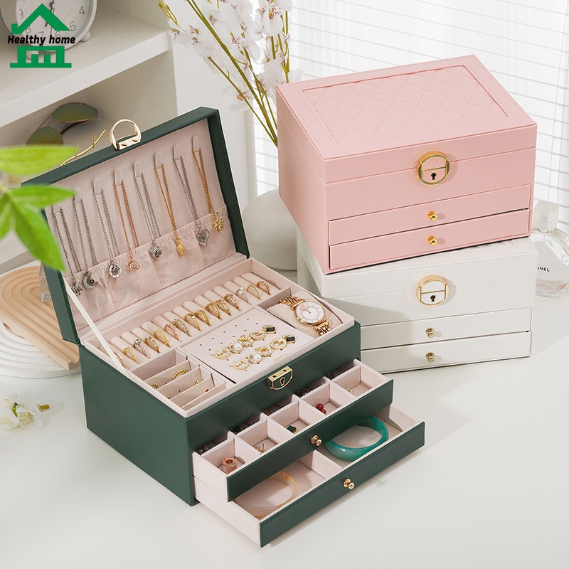 Healthy home กล่องเก็บเครื่องประดับ กล่องใส่เครื่องประดับ หนัง PUคุณภาพสูง พร้อมตัวล็อคกุญแจ 3 ชั้น