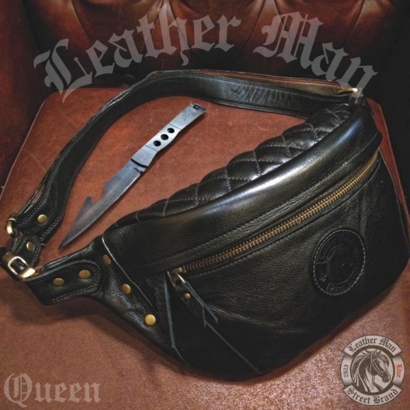 กระเป๋าคาดเอว (มือ1) LeatherMan หนังแท้ รุ่น Queen สีดำเงา