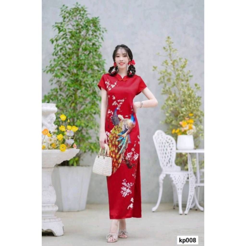 Maxi dress กี่เพ้าคอจีนลายนกยูงคู่ ติดกระดุมจีนสีแดงด้านหน้า 1 เม็ด ชุดกี่เพ้า ชุดตรุษจีน