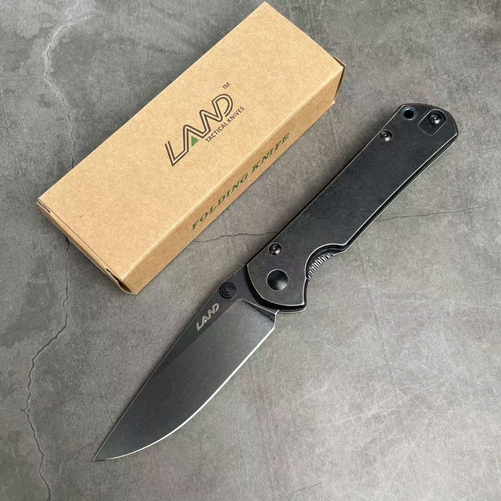 มีดพับ มีดพก มีดสนาม Pocket knife LAND 913 All steel (ปุ่มเปิดสีดำ) ใบ 3.5" ของแท้ เหล็ก 12C27 Stone wash, Ball bearing