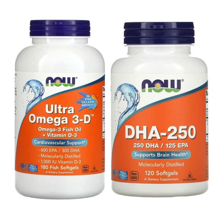 (ส่งออกภายในวัน) NOW Ultra Omega 3-D, 180 Fish Softgels / DHA-500 , 180 Softgels / DHA-250 , 120 Sof