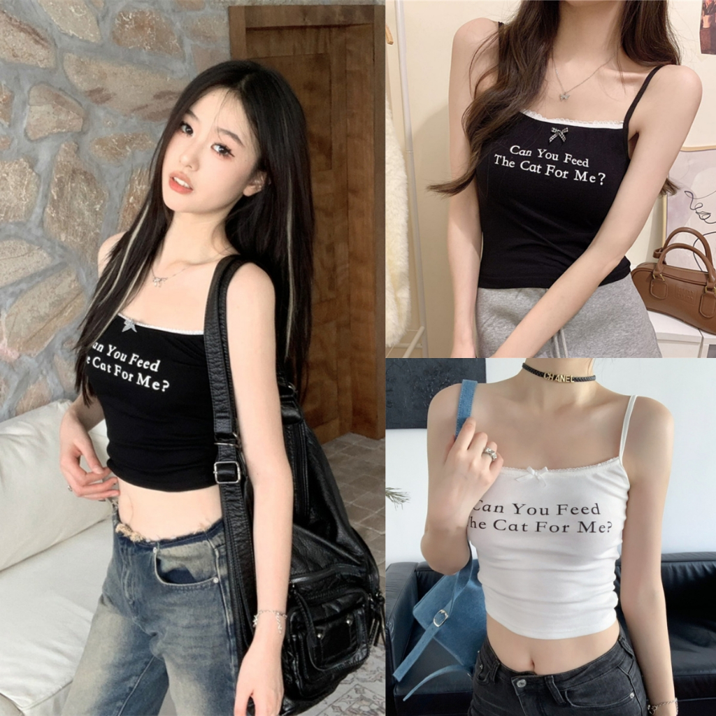 Beryl เสื้อกล้ามสายเดี่ยวพิมพ์ลายตัวอักษรแบบเรียบง่ายโบว์หวานสำหรับผู้หญิง