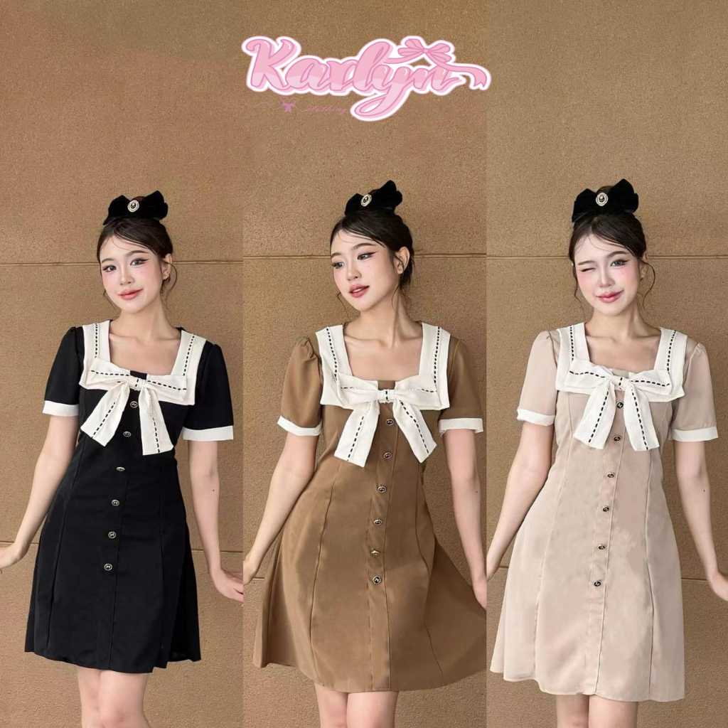 【Karlyn】ชุดเดรสคอเหลี่ยม โบว์ใหญ่ เเต่งกระดุม ทรงเอวเเคบ สไตล์เกาหลี #FZ-CC-G62