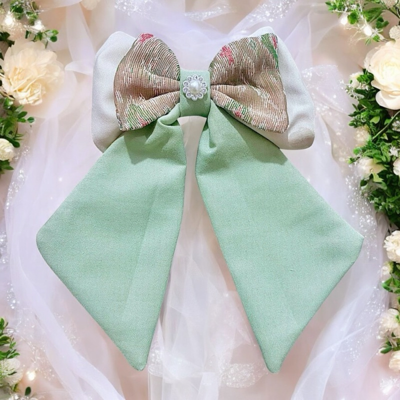 พร้อมส่ง โบติดผมผ้าทอลายแต่งสายมาใหม่สีเขียวอ่อนหวานมาก