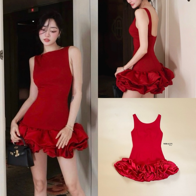 M12 งานป้าย Miralyn Dress ชุดเดรสสั้นแขนกุดแต่งระบาย สีแดง สำหรับผู้หญิง เสื้อผ้าแฟชั่นผู้หญิง ไซส์ Xs-L