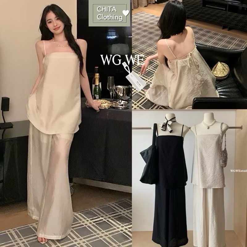 9265# Set 2 pcs เสื้อสายเดี่ยว สายปรับได้ งานซิปหลัง  ผูกโบว์หลัง + กางเกงขายาว เอวยางยืด  TAG:WG.WE 🇰🇷