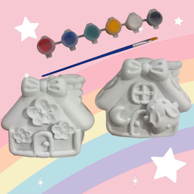 ตุ๊กตาระบายสี รูปบ้าน ตุ๊กตาปูนปั้น ทำจากปูนปลาสเตอร์ ระบายสีบ้านกระต่าย