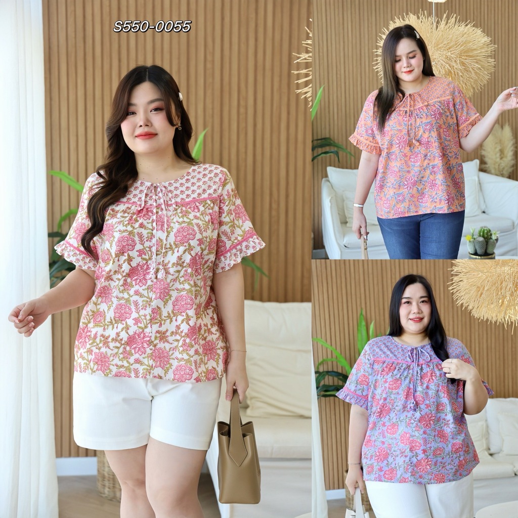 S550-0055 เสื้อแขนระบาย ลายดอกสีหวาน ตัวกว้าง ผ้า Cotton อินเดียงานพิมพ์มือ สาวอวบพลัสไซส์