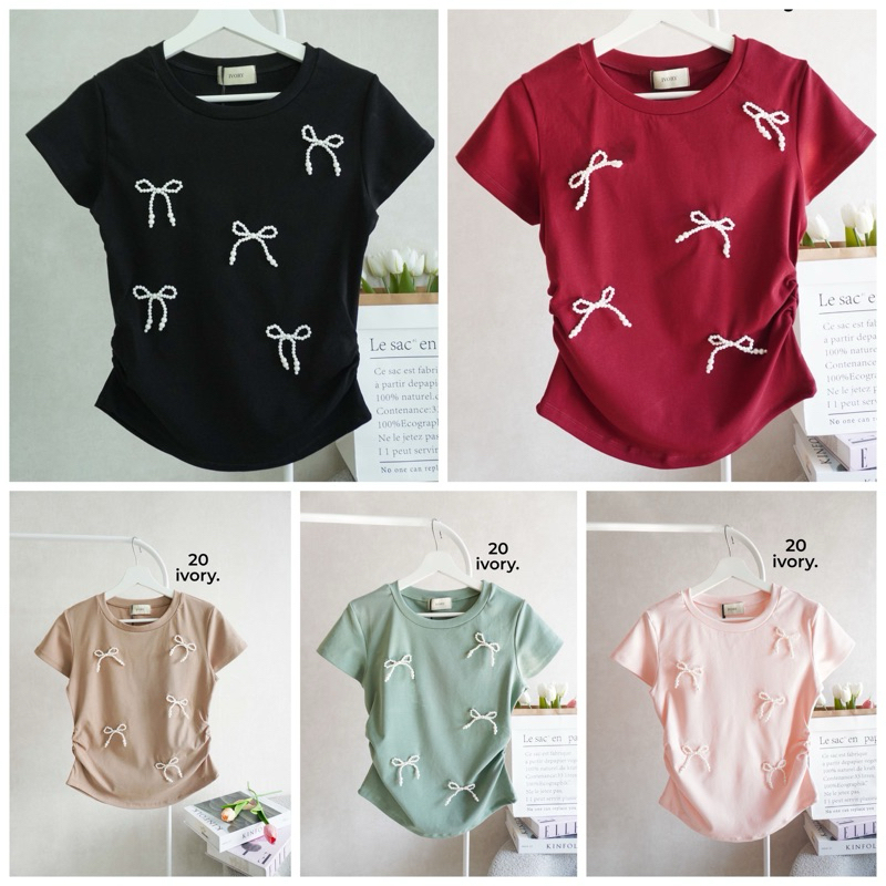 20-1ใหม่ เสื้อผ้ายูนิโคล่ แขนสั้นคอกลม หยุมข้าง แต่งโบว์