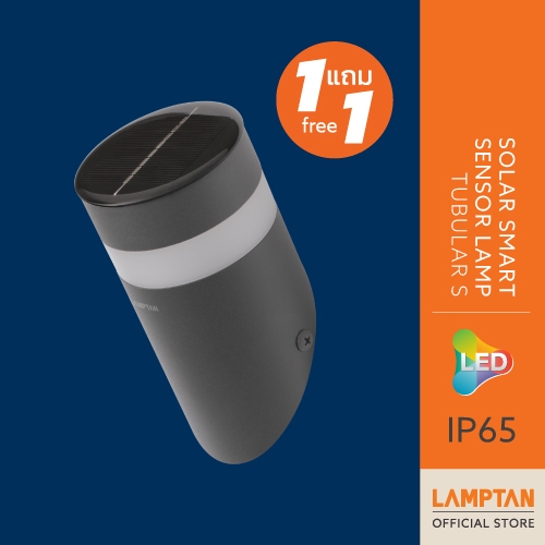 [1แถม1]LAMPTAN โคมไฟติดผนังพลังงานแสงอาทิตย์ LED Solar Smart Sensor รุ่น Tubular ทรงเอียง 0.8w แสงเห