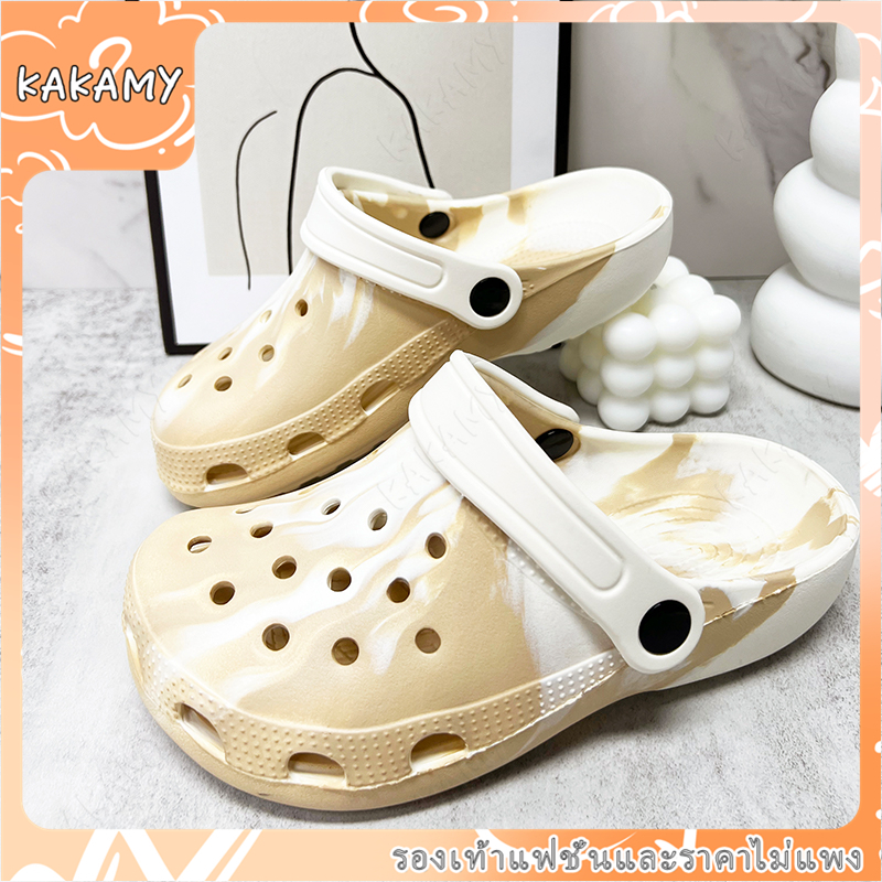 KAKAMY รองเท้าแตะชายหาด รองเท้าหัวโตแบบมีรู สไตล์เกาหลี DIY แฟชั่น พื้นหนา