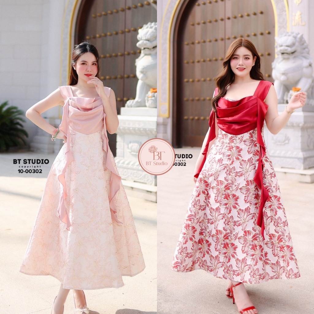 BT 10-00302 เดรสยาวสายเดี่ยวดีเทลแต่งระบายช่วงอกตรงกลางถ่วงด้านข้างแต่งระบายชายห้อย