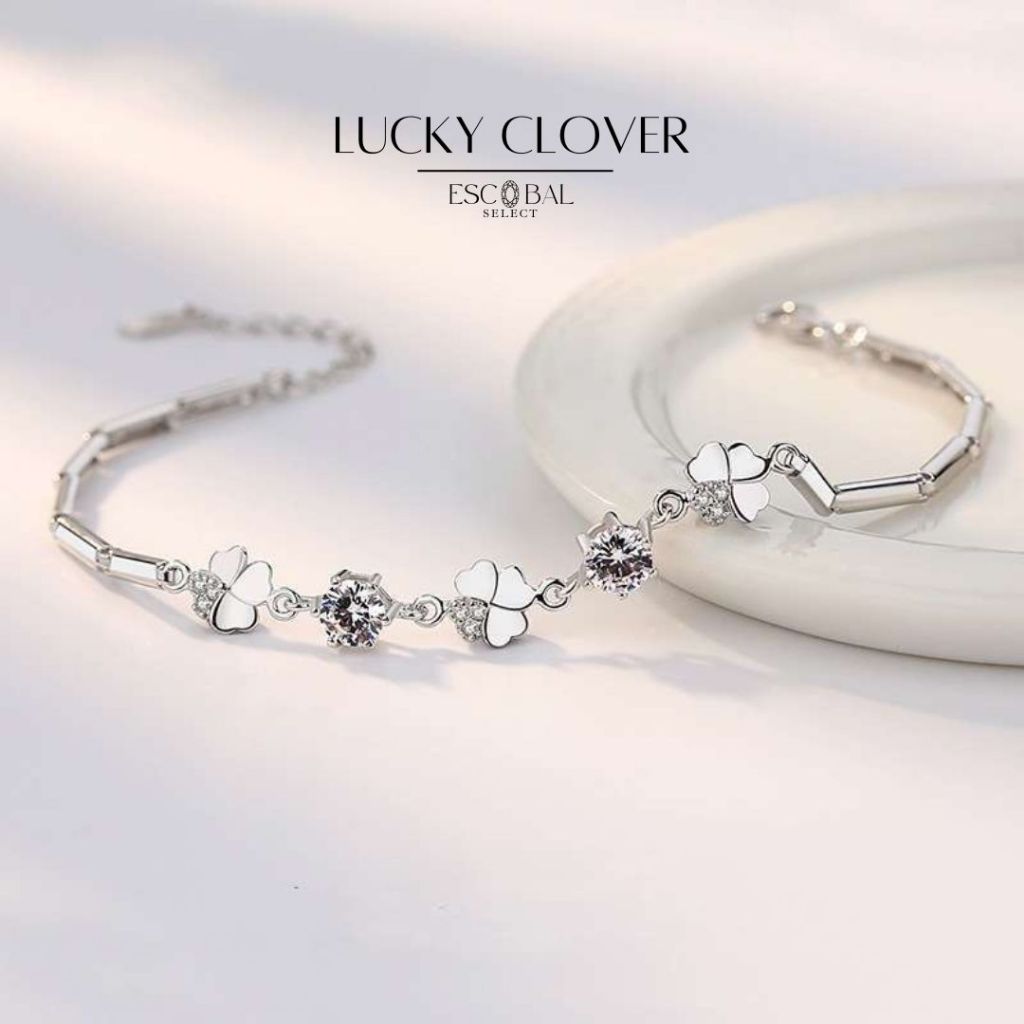 ESCOBAL สร้อยข้อมือเงินแท้ Lucky Clover สร้อยข้อมือเพชร Moissanite สร้อยข้อมือผู้หญิง วาเลนไทน์