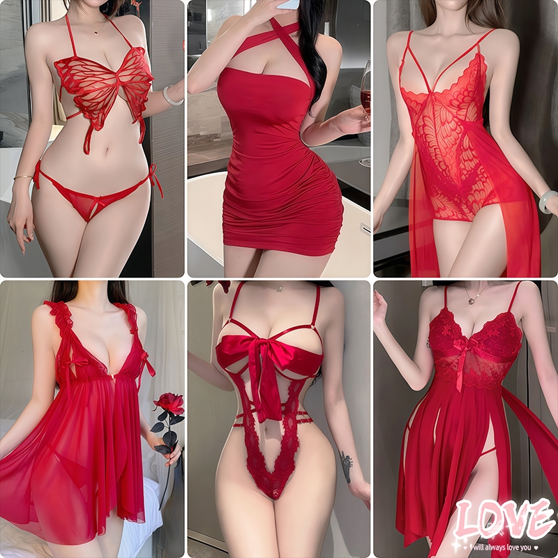 Sweet-Love สีแดง ชุดนอน ชุดยูนิฟอร์ม sexy lingerie ชุดจีน คอวีลึก ลูกไม้ ซีทรู สิ่งล่อใจ ส่งไวจากไทย