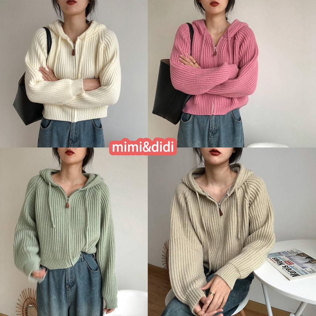 mimi&didi#เสื้อแจ็กเก็ตกันหนาว ผ้าถัก มีฮู้ด ทรงหลวม สไตล์เกาหลี แฟชั่นฤดูใบไม้ผลิ และฤดูใบไม้ร่วง สําหรับผู้หญิง#42006