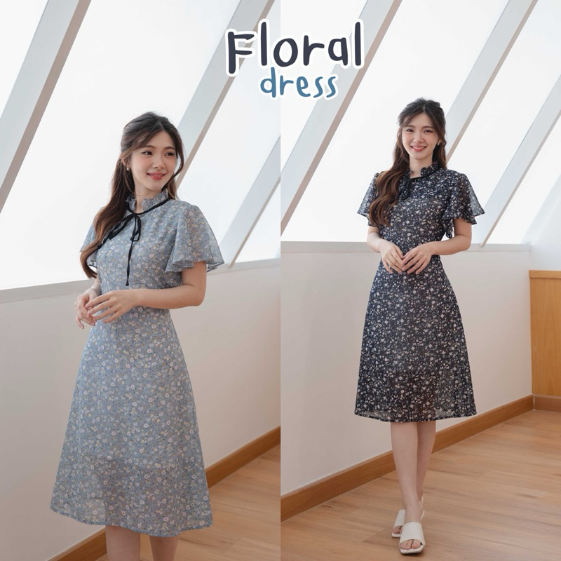 floral เดรสคอระบายน่ารัก