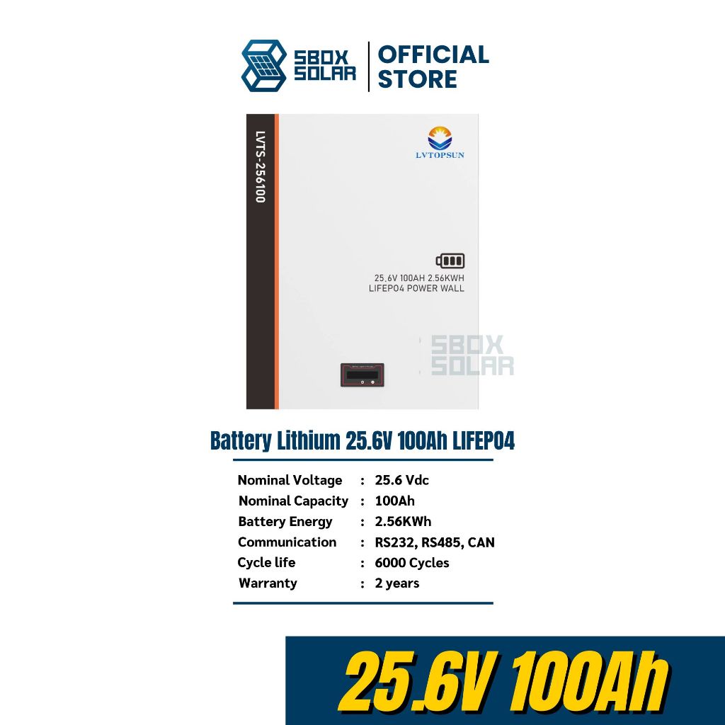 Battery Lithium 25.6V 100Ah LIFEPO4 2.56kw ประกันศูนย์ไทย 2 ปี ยี่ห้อ LV TOPSUN