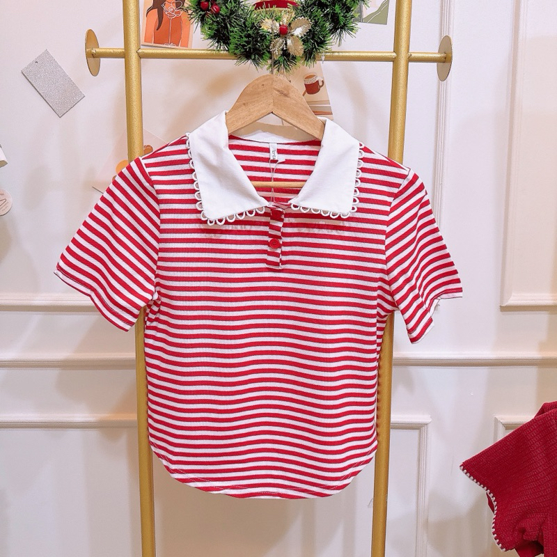 เสื้อสีแดงChriatmas คอปกแต่งด้ายขาวลายฟันปลา เนื้อผ้าหนานุ่มใส่สบาย