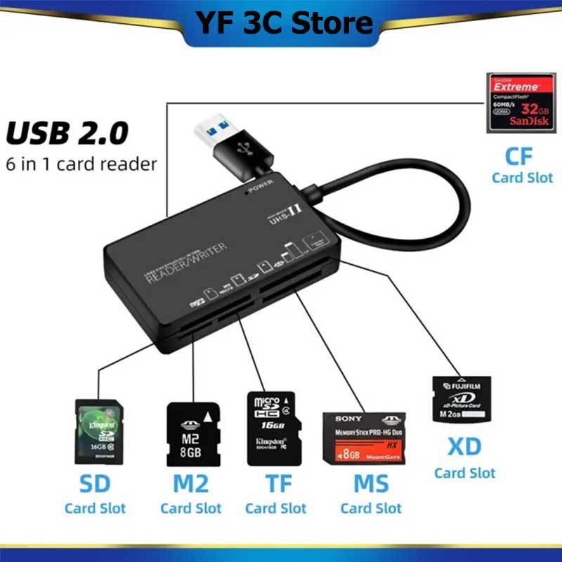 YF 3C รับประกัน1 ปี  6 In 1 USB2.0/Type-C เครื่องอ่านการ์ดมัลติฟังก์ชั่ CF M2 MS XD การ์ดความ รับประ