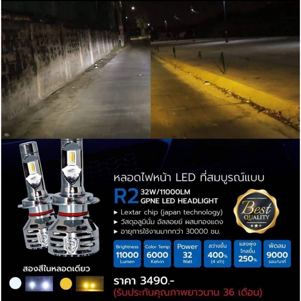 หลอดไฟหน้า LED แบรนด์ GPNE รุ่น R2 (32 วัตต์) 2 สีในหลอดเดียว ของแท้ 100% รับประกัน 3 ปี