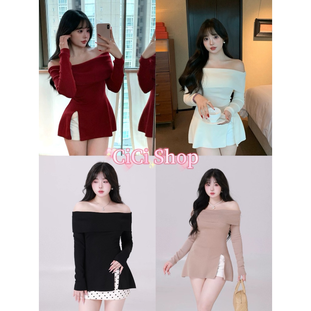 Cicishop(M0192-2) เสื้อแขนยาวปาดไหล่ไหมพรมตัวยาว สไตล์เกาหลี คิคุอาโนเน๊ะ