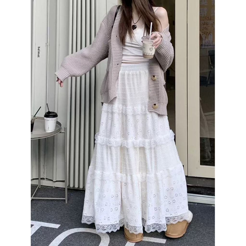 [Sheing office]🌟พร้อมส่ง🌟กระโปรงทรงเอเอวสูงของผู้หญิงกระโปรงถักกลวงฤดูใบไม้ผลิและฤดูร้อนกระโปรงเค้กสีขาว