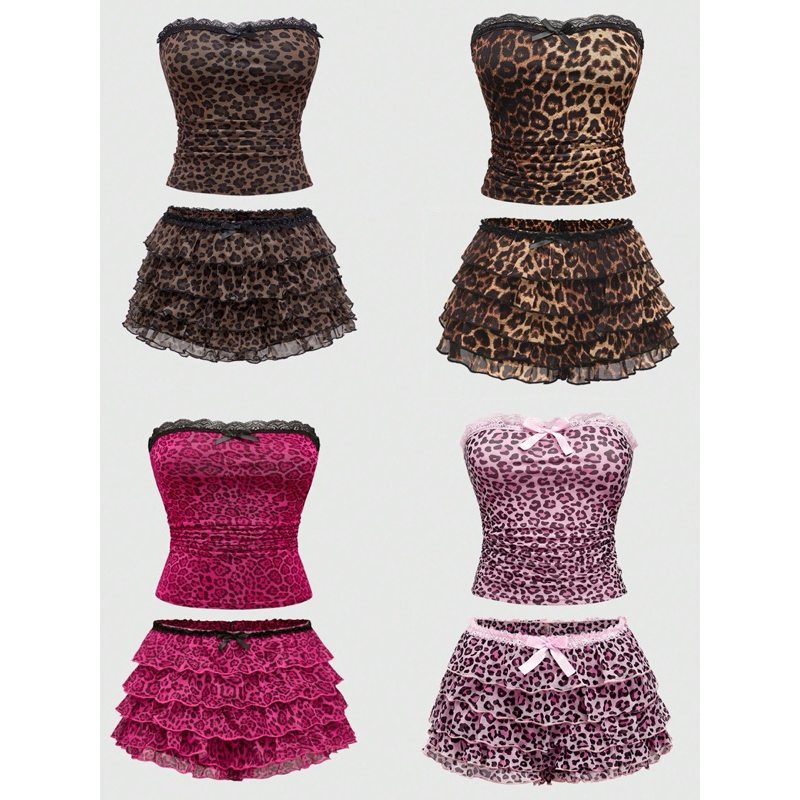 ชุดเซต2ชิ้น เสื้อเกาะอก+กางเกงขาสั้น ลายเสือดาว ติดโบว์