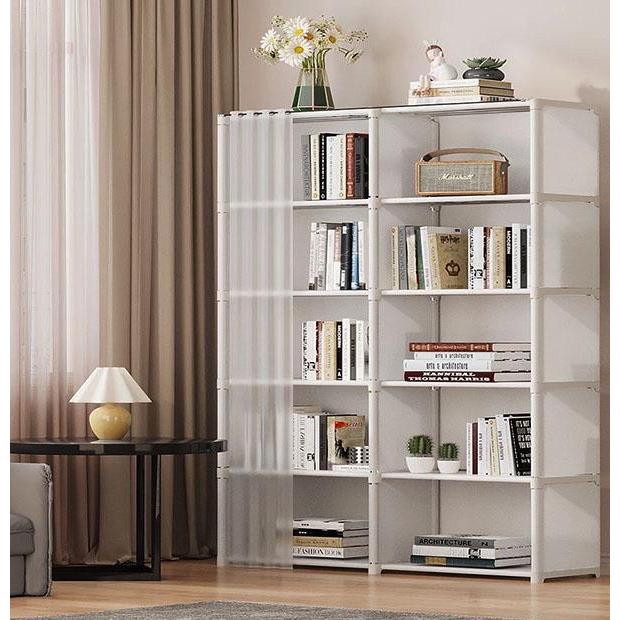 YH  ชั้นวางหนังสือ DIY  โครงเหล็กชั้นผ้ากันน้ำ พร้อมม่านปิด ประกอบง่าย แข็งแรง 3029