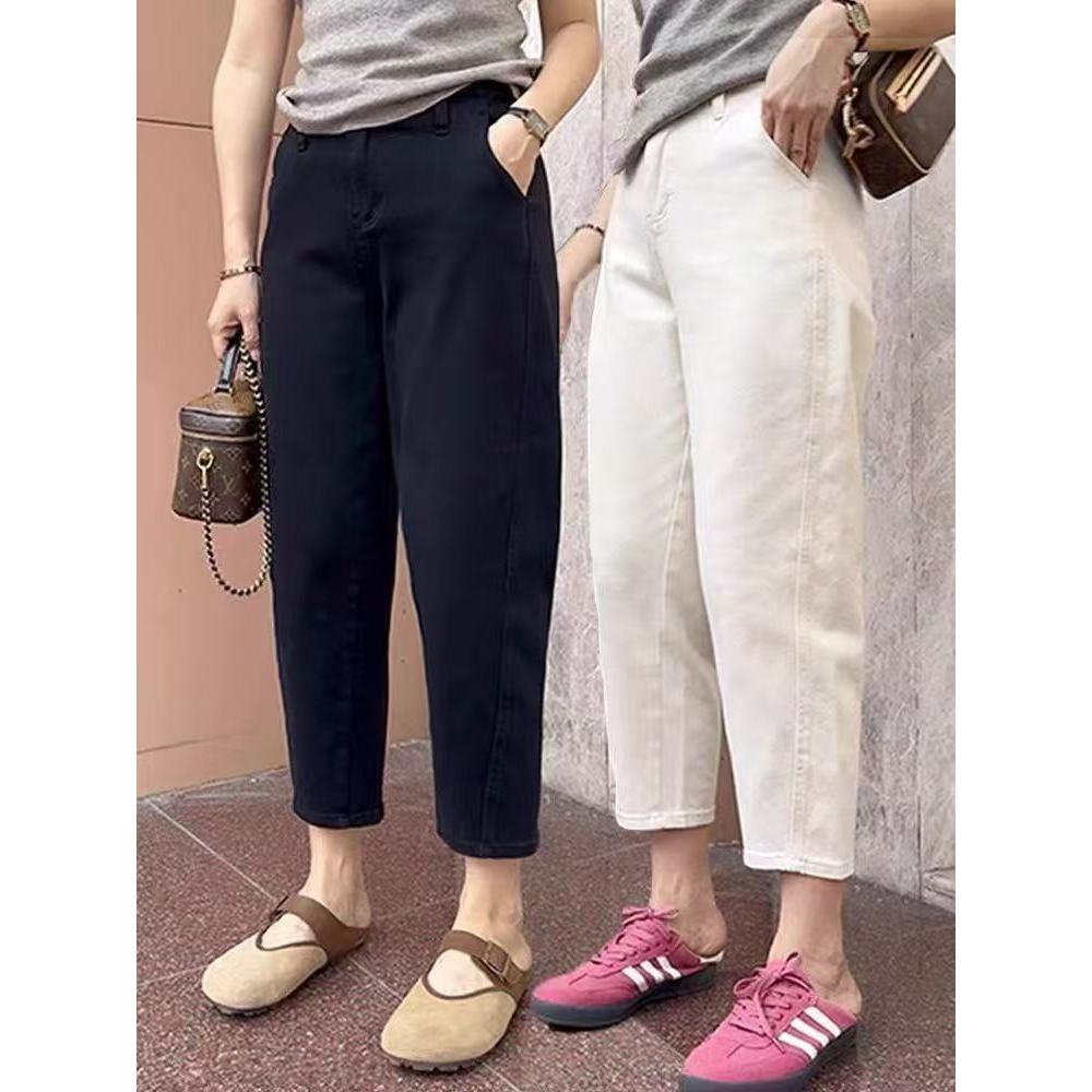 ยืดตัว เอวสูง หลวม กางเกงยีนส์ เหมาะสำหรับสาวอ้วนจิ๋ว เผยผอม ฮาร์เลน กางเกง สองสีให้เลือก