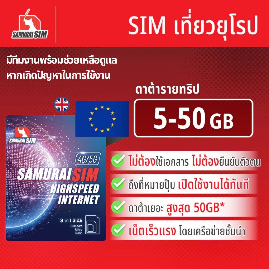 Samurai SIM EUROPE Sim ซิมเน็ต ซิมยุโรป 33 ประเทศ อินเตอร์เน็ต 5-50GB/trip