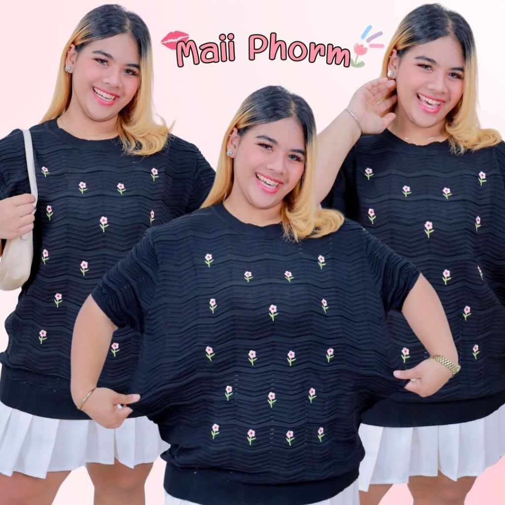 [ส่งฟรี ] P51 เสื้อไหมพรมแขนสั้นสาวอวบ ปักดอกไม้ ไซส์ใหญ่