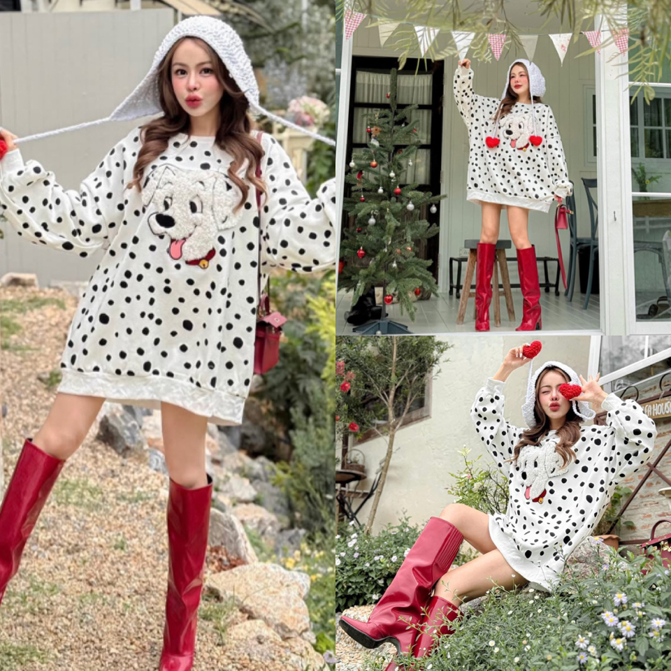 Dalmatian 101 x Christmas สเวตเตอร์ทรงโอเวอร์ไซส์ ! ผ้าลายจุด งานปัก Dalmatian นะคะ แต่งดีเทลขนปุกปุย เว่อมากกก ฟีล Fe