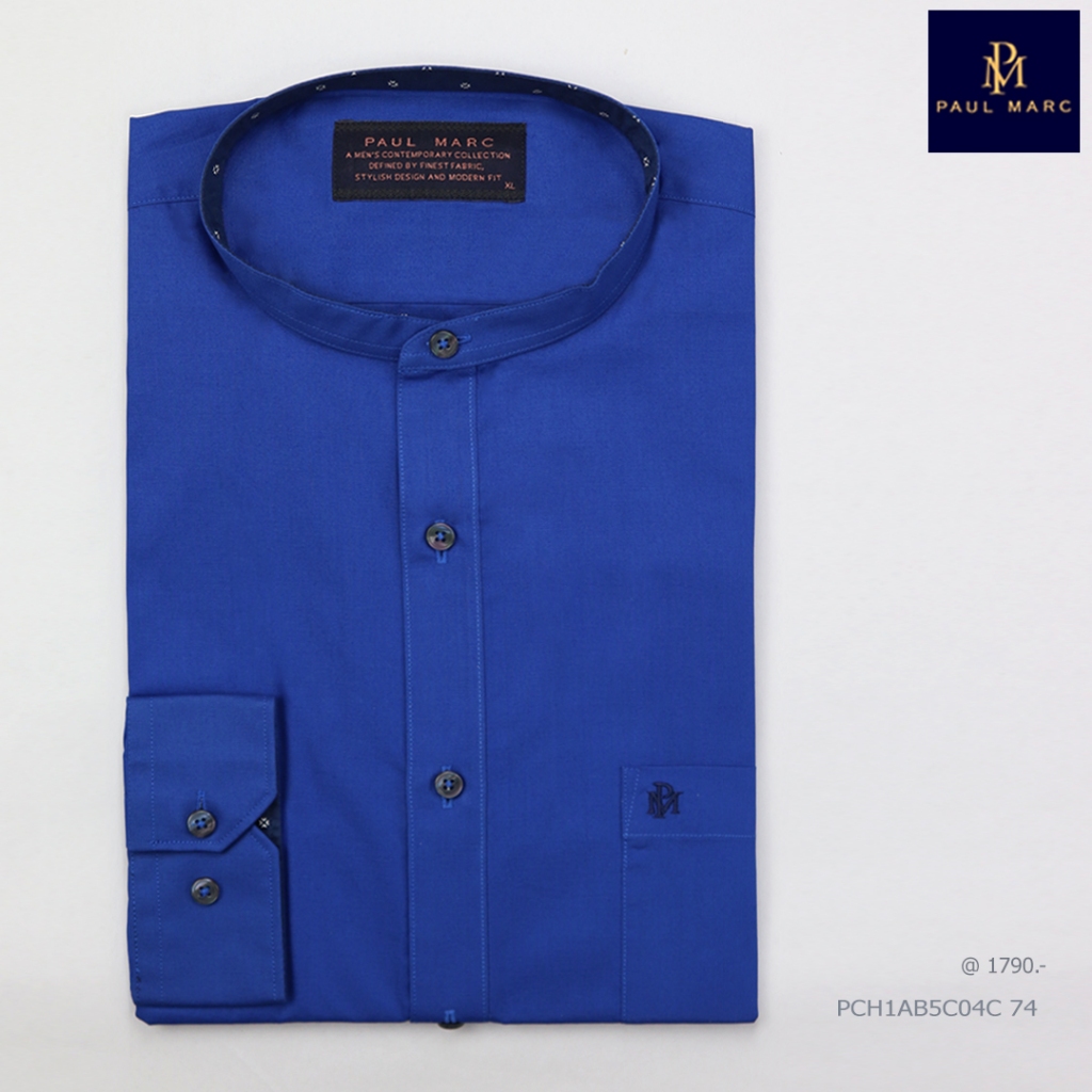 PAUL MARC เสื้อเชิ้ตแขนยาวคอจีน สีน้ำเงิน  slim fit ผ้าเบา นุ่มใส่สบาย รีดง่าย PCH1AB5C04