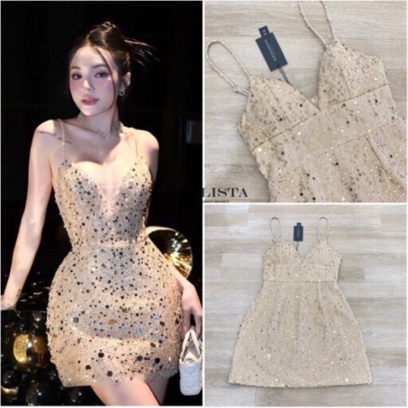 M2 งานป้าย Stylista Dress ชุดเดรสสั้นสายเดี่ยวแต่งเลื่อม สำหรับผู้หญิง เสื้อผ้าแฟชั่นผู้หญิง ไซส์ Xs-L