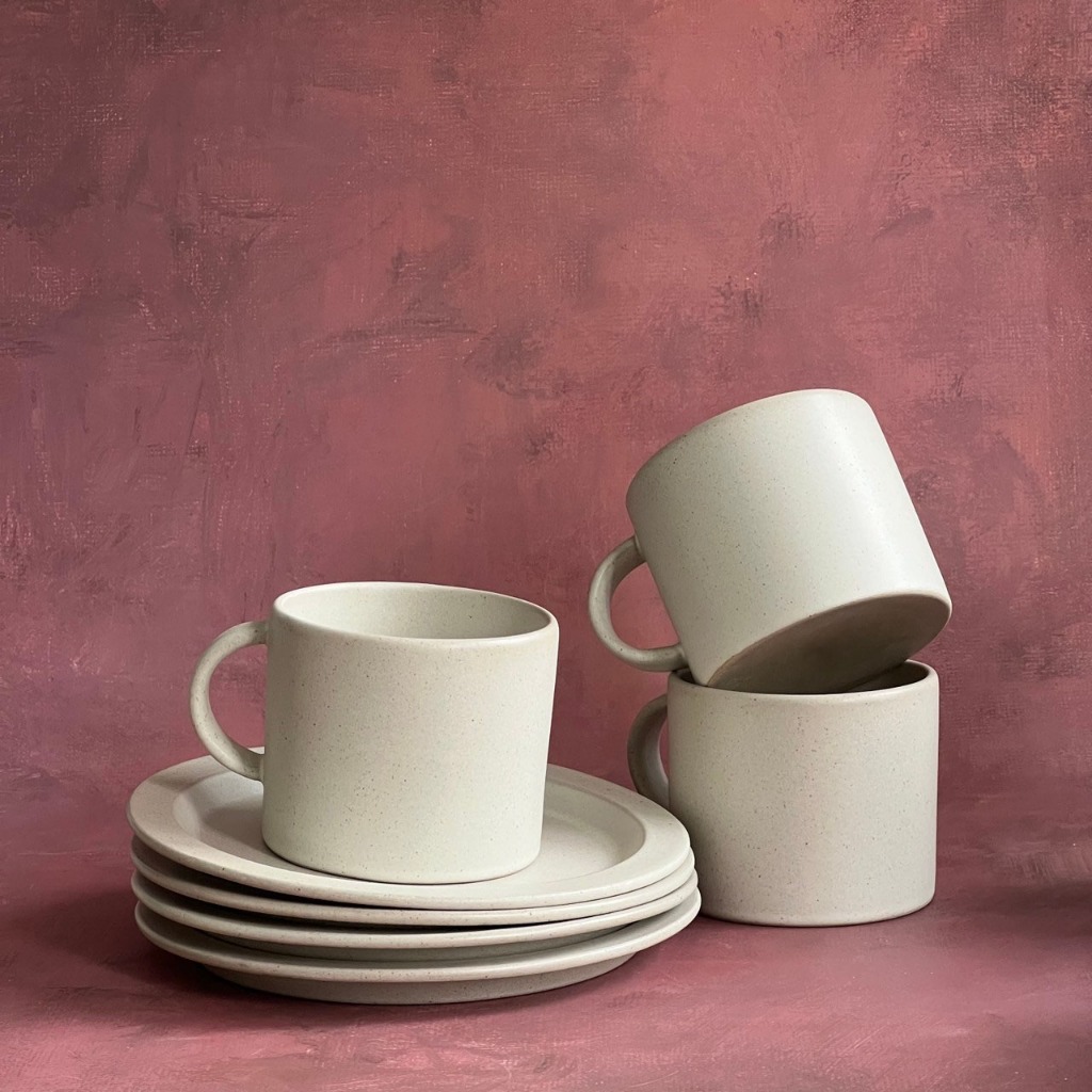 จานเซรามิค แก้วเซรามิค เคลือบด้าน สีเทา จานขนม จานเค้ก แก้วมัค แก้วกาแฟ - AT1CERAMIC