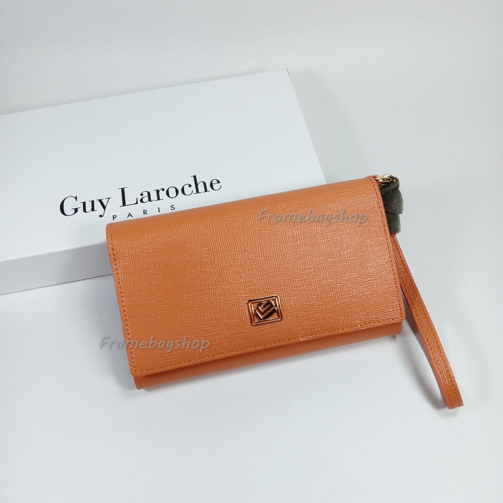 Guy Laroche กระเป๋าสตางค์ผู้หญิงใบกลาง สามพับ สีส้ม หนังลาย หนังแท้ อะไหล่สีทอง