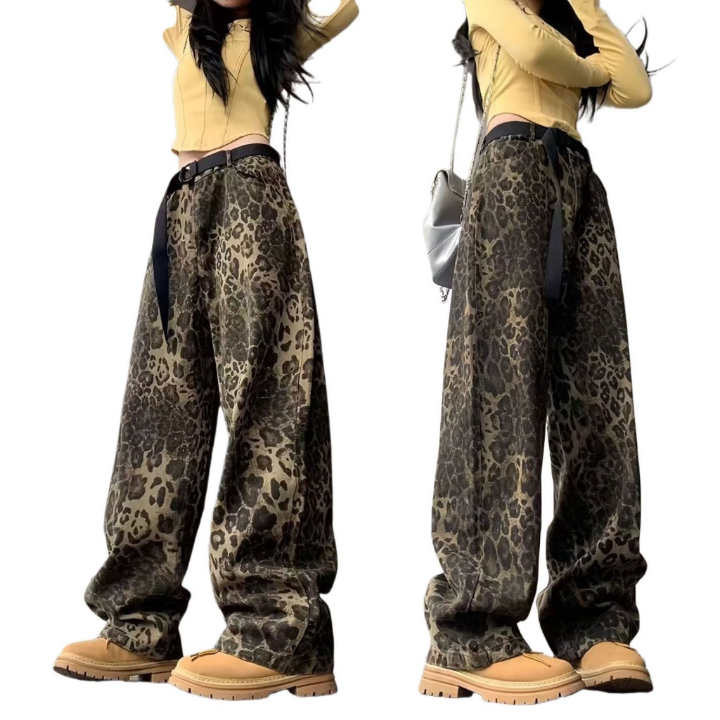 📌CUPFUNNY 📌🌹🌟กางเกงยีนส์ขากว้าง Women's Vintage Leopard Wide Leg กางเกงยีนส์ทรงหลวมพิมพ์ลายหลวม🌹🌟#8572