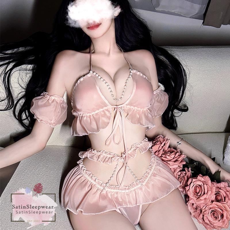 SatinSleepwear🍥🍥ชุดนอนเซ็กซี่ ชุดนอนไม่ได้นอนลูกไม้🤍🩷จี้มุก ขอบจีบ สวมใส่สบาย.จัดส่งจากประเทศไทย.