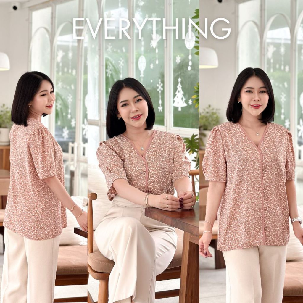 Everything2019 (6123) เสื้อผู้หญิงคอวี แขนสั้น แต่งกุ๊นขอบ กระดุมปั้ม ใส่ไปไหนก็สวย ปังมาก