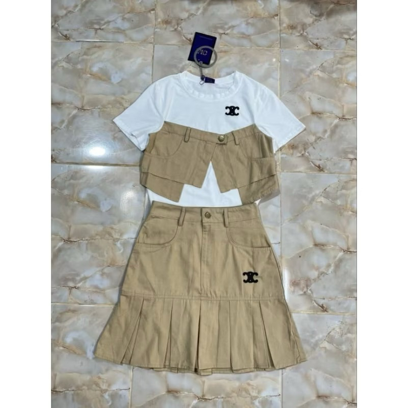 (เอวสะโพกเล็ก 1 นิ้ว s,m,l,2xl) ชุดเซทกระโปรง เสื้อยืด+ กระโปรงงานปัก สีน้ำตาล งานป้าย chalita