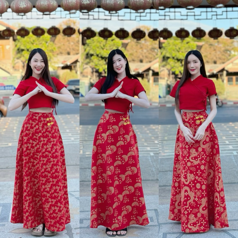 TANTANOD -รหัสCNY6 ชุดเซตตรุษจีน เสื้อไขว้ กระโปรงยาวกระดุมจีน รุ่นMUNGKORNTHONG